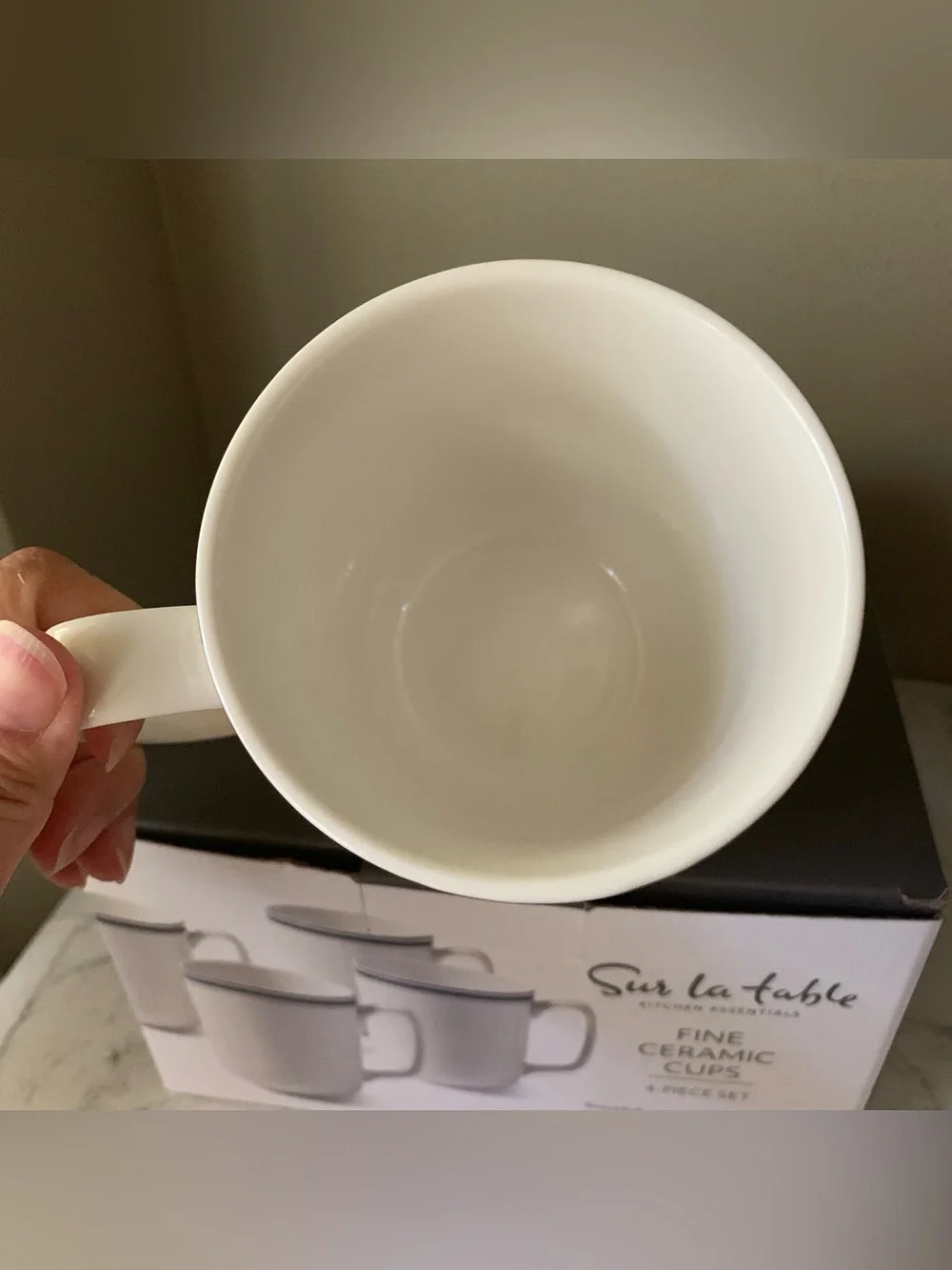 Sur La Table Blue Rim Bistro Style Fine Ceramic Cups/ Mugs Set of 4 - 14 Oz Each